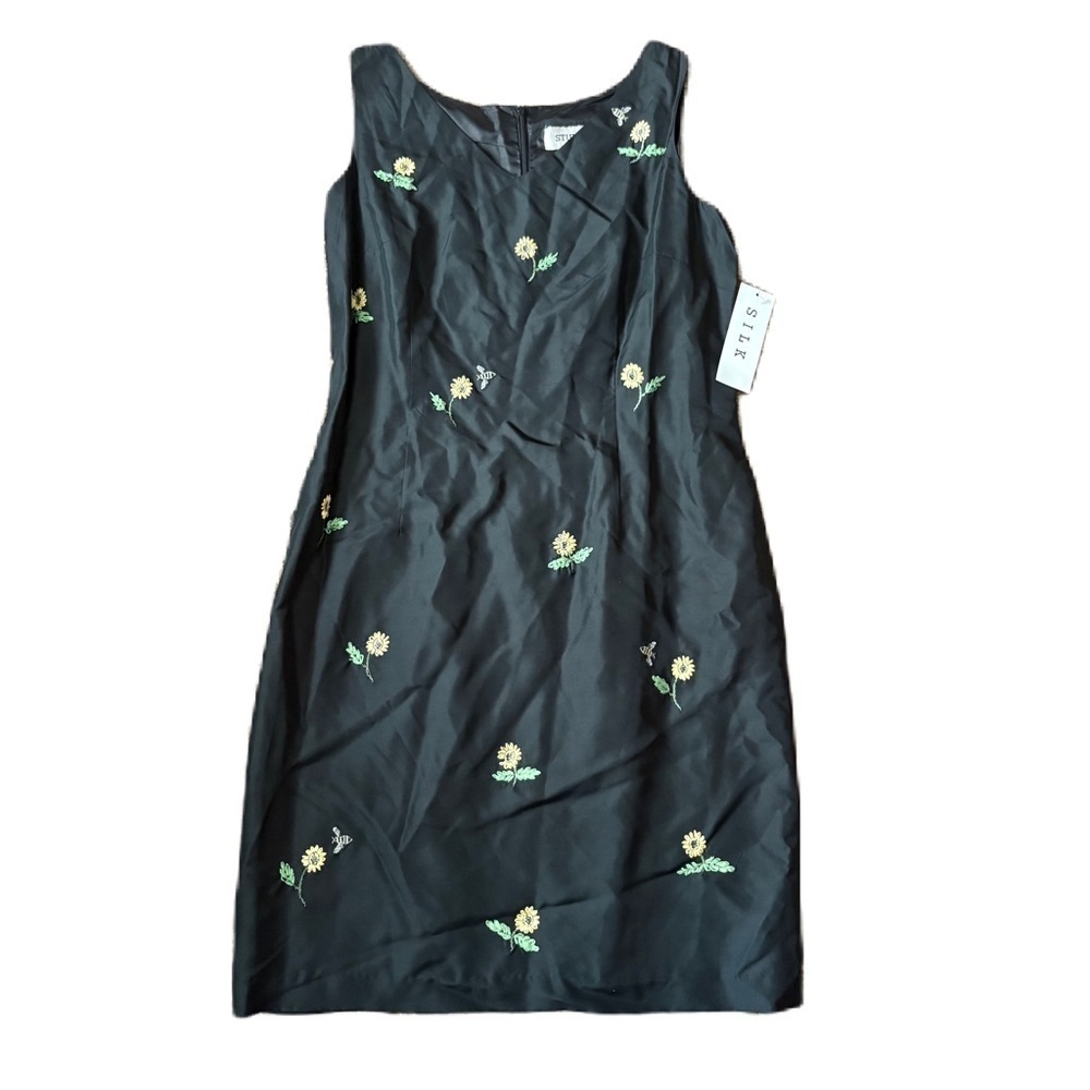 Studio I Black Dress Yellow Sunflower Floral Accents NEW Sz 12 Vintage 90s Y2K